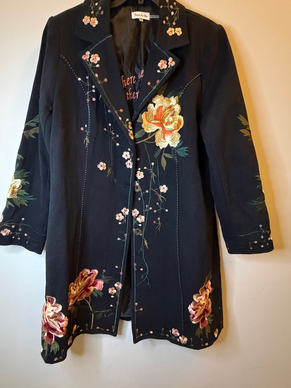 Embroidered Floral Trench Coat - Black